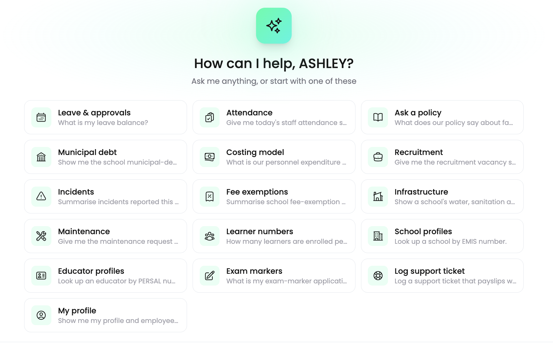 Gabi, the GovERP AI assistant, showing quick-start suggestions